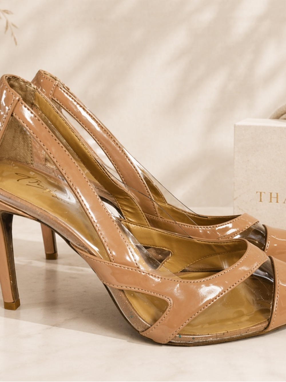 Thalia Sodi Nude Patent Clear Panel Heels Size 9.5M